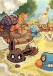 2018 ambiguous_gender anterior_nasal_aperture anthro beak biped black_nose blue_body brown_body brown_fur bubble cheek_spots croagunk day delibird digital_media_(artwork) eevee eyes_closed feral flavia-elric fluffy fluffy_tail fur generation_1_pokemon generation_2_pokemon generation_3_pokemon generation_4_pokemon grass green_eyes green_scarf group hi_res hot_spring light lighting mankey nintendo open_mouth open_smile outside partially_submerged paws phanpy plant pokemon pokemon_(species) pokemon_mystery_dungeon pupils quadruped relaxing scarf shaded sharp_teeth shrub sky smile spike_chunsoft standing stretching tail teeth tongue torkoal tree water white_pupils yellow_beak