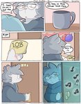 6_panel_comic american_opossum anthro balloon blue_clothing blue_hoodie blue_topwear border cabinet cel_shading clothed clothing comic container countertop cup dialogue door doorknob edgar_(spicykiwi) ellipsis english_text exclamation_point eyewear first_person_view freckles front_view frown fur glasses grey_body grey_fur grey_hair hair hi_res holding_object hoodie horizontal_blockage inflatable inside looking_down male mammal marsupial mug music musical_note musical_symbol nerd night open_mouth opening_door party pink_nose post-it_note profanity reading round_glasses shaded side_view solo speech_bubble spicykiwi standing symbol text toony topwear unimpressed virginia_opossum white_body white_border white_fur yellow_eyes