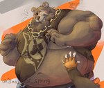 anthro bear belly belly_rub ben_bigger berspring biceps blush clothing embarrassed facial_scar hi_res male mammal mihoyo missing_eye musclegut muscular muscular_arms overweight scar shirt tank_top topwear zenless_zone_zero