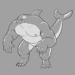 1:1 anthro awarebear cetacean dorsal_fin eyes_closed fin flukes grey_background male mammal marine mid_transformation monochrome muscular muscular_anthro muscular_male nipples nude simple_background solo standing tail transformation werecetacean werecreature wereorca