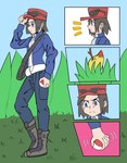 anthro black_hair blue_eyes braixen calem_(pokemon) clothed clothing colored comic dipstick_tail duo field fur generation_6_pokemon grass hair hi_res human male mammal markings nintendo plant pokeball pokemon pokemon_(species) red_body red_fur stick tail tail_markings yellow_body yellow_fur zneazel