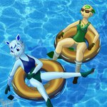 1:1 absurd_res anthro bikini bikini_top blue_body blue_clothing blue_eyes blue_fur blue_hair blue_swimwear bottomless breasts brown_body brown_fur clothed clothing duo ear_piercing ear_ring eeveelution eyes_closed eyewear female fur generation_4_pokemon genitals glaceon green_body green_clothing green_fur green_swimwear hair hi_res inflatable inner_tube jewelry leafeon lisa_devellis marissa_reinhart necklace nintendo pattern_clothing pattern_swimwear piercing plump_labia pokemon pokemon_(species) pool pussy ring_piercing scoutthecat02 shirt sleeping small_breasts smile sunglasses swimwear tail tan_body tan_fur tank_top thick_thighs topwear two-piece_swimsuit wet wet_body wet_clothing wet_hair