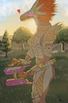 028-mendicantspire absurd_res alien armor avian bird female halo_(series) hi_res holding_object holding_weapon kel_(028-mendicantspire) kig-yar microsoft petting scalie sunrise t'vaoan warm_colors weapon xbox_game_studios