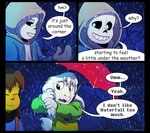 absolutedream animated_skeleton asriel_dreemurr bone boss_monster_(undertale) bovid caprine comic comic_sans dialogue english_text frisk_(undertale) hi_res human mammal raining sans_(undertale) skeleton text umbrella undead undertale undertale_(series)