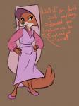 2018 anthro biped brown_background brown_body brown_fur canid canine clothed clothing dialogue disney dress english_text female footwear fox fully_clothed fur hands_on_hips hi_res maid_marian mammal open_mouth red_fox robin_hood_(disney) shoes simple_background siroc solo text true_fox