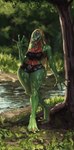 2024 3_toes 4_fingers absurd_res amphibian anthro barefoot big_breasts blonde_hair bottomwear breasts buckteeth camisole cleavage clothed clothing creek feet female fingers forest frog grass green_body green_skin hair hi_res hotpants long_hair long_tongue looking_at_viewer membrane_(anatomy) midriff mosh_(wonderwaffle) multicolored_body multicolored_skin navel open_mouth open_smile orange_body orange_sclera orange_skin outside plant plantigrade raised_heel redustheriotact shorts smile solo teeth thick_thighs toes tongue tooth_gap tree two_tone_body two_tone_skin water webbed_feet wide_hips