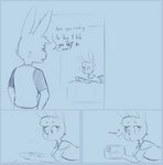 agidyne anthro bed black_and_blue comic dialogue disappointed duo female furniture hi_res lagomorph leporid lying male mammal monochrome on_bed on_front post-it_note rabbit reading rose_(agidyne) shoulderless_topwear simple_background simple_coloring stephen_(agidyne)