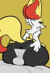 anthro anus balls barely_visible_anus bed big_butt braixen bulge bulge_from_behind butt clothing furniture generation_6_pokemon genitals hand_on_butt hi_res ineffective_clothing looking_at_viewer looking_back male nintendo on_bed panties pirpole_haze pokemon pokemon_(species) seductive simple_background sitting sitting_on_bed solo spread_butt spreading tail underwear