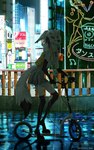 absurd_res anthro billboard building canid canine city clothed clothing female hi_res line_art mammal raining realistic seryfoxx skyscraper solo standing tokyo wet