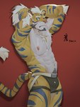 abs anthro areola bulge clothing dated felid heterochromia hi_res jockstrap looking_at_viewer male mammal munax_od muscular muscular_male nipples pantherine pubes simple_background solo striped_body stripes tail tiger tying_hair underwear