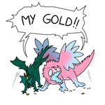 1:1 2024 4_fingers 4_toes ambiguous_gender angry barbel_(anatomy) blue_body blue_eyes blue_wings brown_horn coin comic dialogue dragon duo emerald_(gem) feathered_wings feathers feet feral fingers fishtrout fur furred_dragon furred_scalie gem glaring glaring_at_another gold_(metal) gold_coin green_wings horn membrane_(anatomy) membranous_wings multicolored_body mythological_creature mythological_scalie mythology open_mouth orange_eyes pearl_(gem) pink_body pink_wings scalie sharp_teeth sparkles speech_bubble spread_wings teeth threatening toes two_tone_body two_tone_wings winged_dragon wings