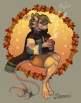 anthro autumn autumn_leaves blue_body blue_eyes blue_skin bottomwear clothing container cozy cup dragon facial_hair feet flabberd grey_hair hair heart_symbol holding_container holding_cup holding_mug holding_object long_tail looking_at_viewer male mug mythological_creature mythological_scalie mythology paws scalie scarf short_hair shorts small_ears solo space_dragon steam steaming_cup streetwear tail techwear toes