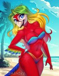 anthro ara_(genus) avian beach beak big_breasts bikini bird blonde_hair blue_eyes breasts clothing feathers female green_hair hair hand_on_hip imanika looking_at_viewer macar macaw neotropical_parrot non-mammal_breasts outside palm_tree parrot plant red_body red_feathers scarlet_macaw seaside smile solo swimwear tail tail_feathers tree tropical true_parrot two-piece_swimsuit