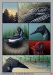 beak bitterstrawberries comic corpse death digital_media_(artwork) english_text evergreen_tree female feral hi_res lake loon morning nest pine_tree plant shoreline solo sunrise text tree wings zandra_(bitterstrawberries)