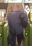 2021 anthro bear bottomwear brown_body brown_fur clothing detailed_background dialogue fur hi_res humanoid_hands inside japanese_text kemono kotori male mammal pants shirt solo text topwear train_station