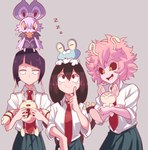 ambiguous_gender ashido_mina asui_tsuyu black_hair blush carrying_another clothing crossover eating elekid enecoo female feral food froakie generation_2_pokemon generation_3_pokemon generation_6_pokemon group hair hi_res horn horned_humanoid human humanoid kyoka_jiro light_body light_skin mammal my_hero_academia nintendo noibat open_mouth open_smile pink_body pink_hair pink_skin pokemon pokemon_(species) semi-anthro simple_background skitty sleeping smile sound_effects vowelless vowelless_sound_effect zzz