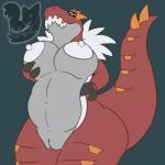 1:1 anthro anthrofied areola belly big_breasts biped black_sclera breasts claws dinosaur erect_nipples female fossil_pokemon front_view fur generation_6_pokemon genitals grey_body grey_skin hand_on_breast hi_res holding_breast looking_at_viewer looking_down navel nintendo nipples non-mammal_breasts non-mammal_nipples nude pokemon pokemon_(species) posexe prehistoric_species pussy red_body red_skin reptile scalie simple_background slightly_chubby smile solo spikes standing tail theropod thick_thighs tyrantrum watermark white_body white_eyes white_fur wide_hips