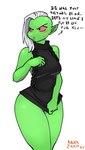 2017 alien alien_humanoid blush bodily_fluids breasts clothed clothing darkeros dialogue disney english_text female freckles green_body green_skin hair hi_res humanoid long_hair lord_dominator meme meme_clothing noseless not_furry pink_sclera portrait signature simple_background solo speech_bubble standing sweat sweatdrop sweater text thick_thighs three-quarter_portrait topwear virgin_killer_sweater wander_over_yonder white_background white_hair wide_hips