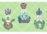 ambiguous_gender berry bulbasaur claws eeveelution elemental_creature eyes_closed feral flora_fauna flower food fruit generation_1_pokemon generation_4_pokemon generation_7_pokemon green_body group leafeon nintendo paws peony_(flower) plant pokemon pokemon_(species) rowlet smile trio vaahlkult