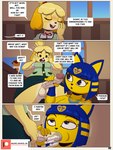 3:4 animal_crossing ankha_(animal_crossing) anthro armor balls bangs blue_ears blue_hair bottomwear breasts canid canine canis cardigan clothed clothing clothing_lift comic dialogue domestic_cat domestic_dog duo english_text felid feline felis fellatio female genitals gynomorph gynomorph/female hair handjob hi_res humanoid_genitalia humanoid_penis ike_marshall intersex intersex/female isabelle_(animal_crossing) mammal nintendo oral patreon patreon_logo patreon_username penile penis sex skirt skirt_lift speech_bubble text uraeus vambrace yellow_body yellow_inner_ear