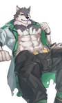 abs anthro bare_chest canid canine canis clothing domestic_dog fur green_eyes hi_res husky jacket lifewonders live_a_hero male mammal monomasa multicolored_body multicolored_fur muscular muscular_anthro nipples nordic_sled_dog pecs poteto02888292 red_sclera shirtless solo spitz topwear