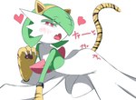 absurd_res ambiguous_gender animal_humanoid anthro beckoning bedroom_eyes bent_over blush claws fake_ears fake_tail fake_tiger_ears gardevoir generation_3_pokemon gesture green_body green_hair hair heart_symbol hi_res humanoid japanese_text kneeling m3_(pixiv) markings narrowed_eyes nintendo open_mouth pokemon pokemon_(species) red_sclera seductive simple_background solo striped_markings striped_tail stripes tail tail_markings text tongue tongue_out translation_request white_background white_body