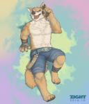 2016 4_toes 5_fingers abstract_background anthro barefoot belt biceps biped black_claws black_nose black_sclera blue_bottomwear blue_clothing blue_eyes bottomwear brown_clothing canid canine canis cheek_tuft chest_tuft claws clothed clothing countershade_face countershade_torso countershading detailed digital_media_(artwork) digitigrade facial_tuft fangs feet fingerless_gloves fingers fluffy fluffy_tail front_view full-length_portrait fur fur_tuft gesture gloves handwear heterochromia hi_res huka humanoid_hands inner_ear_fluff legwear looking_at_viewer male mammal manly multicolored_body multicolored_fur muscular muscular_anthro muscular_male neck_tuft open_mouth open_smile pawpads paws pecs portrait reclining red_tongue salute shaded sharp_teeth shorts smile snout soles solo stocky tail teeth toe_claws toes tongue topless tuft two_tone_body two_tone_fur watermark white_body white_countershading white_fur wolf yellow_body yellow_eyes yellow_fur yellow_tail