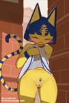 2024 :< animal_crossing ankha_(animal_crossing) anthro biped blue_hair blush clothed clothing clothing_lift digital_media_(artwork) domestic_cat dress dress_lift eyes_closed felid feline felis female flashing flashing_pussy front_view genitals hair mammal markings nintendo outside pussy short_hair sniffsnorf solo striped_markings striped_tail stripes tail tail_markings text uraeus url