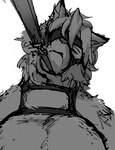 anthro bust_portrait canid canine canis cocotinart eye_patch eyewear greyscale hair harness hi_res leash leash_pull looking_at_viewer looking_down looking_down_at_viewer male mammal mihoyo monochrome narrowed_eyes pecs portrait signature solo von_lycaon wolf zenless_zone_zero