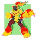 3_toes 4_fingers anthro armarouge armor claws clothing colored_nails feet female fingers fire generation_9_pokemon nails nintendo paws pink_nails pokemon pokemon_(species) red_body red_eyes simple_background solo tail tattoorexy toes yellow_clothing