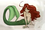 2017 4_fingers ariel_(disney) arm_support big_fin big_tail clothed clothing collarbone curled_tail disney eyebrows female fin fingernails fingers fish_tail green_body green_fin green_scales green_tail guide_lines hair human_torso humanoid_merfolk legless long_hair lying marine merfolk mermaid_tail nails on_front red_hair scales signature simple_background small_nipples smile solo split_form straight_arm straight_arms tail tail_fin the_little_mermaid_(1989) themushman topless topless_female