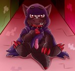 anthro appmon_(species) bandai_namco black_body claws cloacal_penis cloak clothing digimon digimon_(species) erection genitals grumpyote hackmon_(appmon) hi_res hood male masturbation penis red_eyes scalie solo