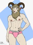 anthro areola beastars biped blush bovid bovid_horn briefs bulge caprine caprine_horn clothed clothing dall_sheep delta_dewitt digital_media_(artwork) fur hi_res horn male male_anthro mammal nipples pina_(beastars) ram_horn sheep simple_background smile solo topless underwear