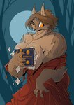 2023 anthro big_breasts book breasts brown_body brown_fur brown_hair canid canine clothing conditional_dnp female fur hair jollyjack mammal moon mythological_canine mythological_creature mythology night pecs pecs_with_breasts solo text were werecanid werecanine werewolf