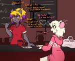 anthro ashley_(mewgle) beverage cake clothing dessert dialogue domestic_cat duo english_text felid feline felis female food hi_res male mammal mewgle murid murine rat reggie_(whygena) rodent text