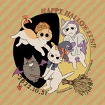 1:1 amayakasuneko ambiguous_gender broom broom_riding cleaning_tool clothing devil_costume domestic_cat felid feline felis feral ghost_costume group hat headgear headwear jack-o'-lantern mammal mojacookie nagameruneko official_art shikaruneko shikaruneko_(series) witch_hat