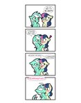 absurd_res blush bonbon_(mlp) comic dialogue digital_media_(artwork) earth_pony english_text equid equine exclamation_point fearingfun female female/female feral friendship_is_magic green_body hasbro hi_res horn horse kiss_on_lips kissing lyra_heartstrings_(mlp) mammal my_little_pony mythological_creature mythological_equine mythology pony simple_background surprise_kiss text unicorn white_background