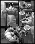 2016 2_horns 3d_(artwork) abs anthro biceps bovid bovine braford camo camo_clothing camo_print camo_topwear cattle chuck_(braford) clothing comic dialogue digital_media_(artwork) dozer_(braford) duo english_text facial_horn genitals horn locker locker_room male mammal monochrome musclegut muscular muscular_anthro muscular_male nipples nose_horn nude pattern_clothing pattern_topwear pecs penis pubes rhinoceros shirt speech_bubble tank_top text topwear towel towel_only