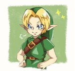 belt blonde_hair blue_eyes blush clothing elf hair hat headgear headwear humanoid humanoid_pointy_ears hylian light_body light_skin male nintendo not_furry ocarina_of_time shirt simple_background smile solo t_bp1030 the_legend_of_zelda topwear tunic young_link