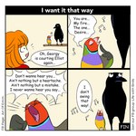 1:1 2024 ambiguous_gender art_of_emm avian beak bird black_body comic corvid corvus_(genus) crow dialogue digital_drawing_(artwork) digital_media_(artwork) disinterested elliot_(art_of_emm) emm_(art_of_emm) english_text feather_hands feathers feral george_(art_of_emm) gouldian_finch human looking_at_another male male_(lore) mammal multicolored_body music open_mouth oscine passerine perching scandalous_six singing speech_bubble text url