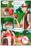 anthro bodily_fluids clothed clothing comic cum cum_drip dee_(narusewolf) dialogue dripping duo english_text forest forest_background generation_2_pokemon genital_fluids hi_res human male mammal narusewolf nature nature_background nintendo plant pokeball pokemon pokemon_(species) pokemon_trainer speech_bubble text tongue tree unown_(pokemon) unown_d