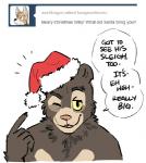 anthro artdecade bear christmas christmas_clothing christmas_headwear clothing comic dialogue english_text hat headgear headwear holidays looking_at_viewer male mammal one_eye_closed pom_hat santa_hat sloth_bear solo suggestive text tumblr ursine willy_(artdecade) wink