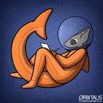 1:1 anthro armor astronaut big_eyes big_tail black_eyes blue_background clothed clothing ear_piercing fish headgear helmet hi_res icon male marine orange_clothing orb_(orbitalis) orbitalis paper pen piercing shark simple_background solo space spacesuit star tail text url