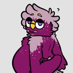 1:1 2024 ambiguous_gender anthro bugsnax colored digital_drawing_(artwork) digital_media_(artwork) flat_colors floofty_fizzlebean fur grey_background grumpus hi_res nonbinary_(lore) pregnant pregsnax(artist) purple_body purple_fur side_view simple_background underbite young_horses