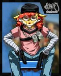 absurd_res activision anthro bottomwear call_of_duty canid canine clothed clothing cloud_nine_(fortnite) cosplay crate crossover crossover_cosplay cutoffs delphox denim denim_bottomwear denim_clothing digital_media_(artwork) epic_games eyewear fortnite fox fur generation_6_pokemon glasses gun hair hat headgear headwear hi_res holding_gun holding_object holding_ranged_weapon holding_weapon inner_ear_fluff jeans looking_at_viewer male mammal meow_skulls nintendo pants pink_clothing pink_shirt pink_topwear pokemon pokemon_(species) puppypigeon ranged_weapon shirt shorts simple_background smile solo topwear trapixen tuft weapon yellow_body yellow_fur