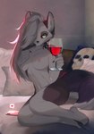 alcohol anthro bed beverage bone breasts canid canid_demon canine cellphone collar curvy_figure demon electronics female fur furniture grey_body grey_fur hair hand_on_breast hellhound helluva_boss hi_res inner_ear_fluff inviting looking_at_viewer loona_(helluva_boss) mammal medium_breasts mythological_canine mythological_creature mythology nipples notched_ear nude on_bed phone red_sclera ria_woof17 seductive skull smartphone smile solo spiked_collar spikes tuft white_body white_fur white_hair wine