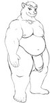 anthro balls big_balls body_hair chest_hair eye_scar facial_scar flaccid genitals hi_res hybrid hyena izen_puppyfox looking_at_viewer male mammal monochrome musclegut muscular nipples nude overweight penis petxiun pubes scar smile smirk solo thick_penis thick_thighs unknown_artist