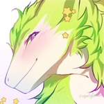 1:1 anthro axel_softpaw digital_media_(artwork) fur green_body green_fur green_hair hair headshot_portrait hi_res looking_at_viewer male multicolored_body multicolored_fur portrait purple_eyes sergal simple_background solo star sugarlycream two_tone_body two_tone_fur white_body white_fur