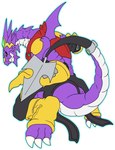 anthro armor arresterdramon bandai_namco black_sclera blade claws digimon digimon_(species) headgear helmet hi_res male purple_body solo tail tail_blade weapon_tail wings wsdigi