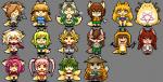 ambiguous_gender anthro asian_clothing blonde_hair breasts brown_hair canid canine chibi chinese_clothing chinese_dress clothed clothing concon-collector digital_media_(artwork) dress east_asian_clothing female fox frown green_hair group hair hat headgear headwear hermit_fox_byakudan hermit_fox_jinkou hermit_fox_kyara humanoid mammal multi_tail pink_hair pixel_(artwork) ranged_weapon shinobe shuriken skimpy smile tail tokin_hat weapon white_hair